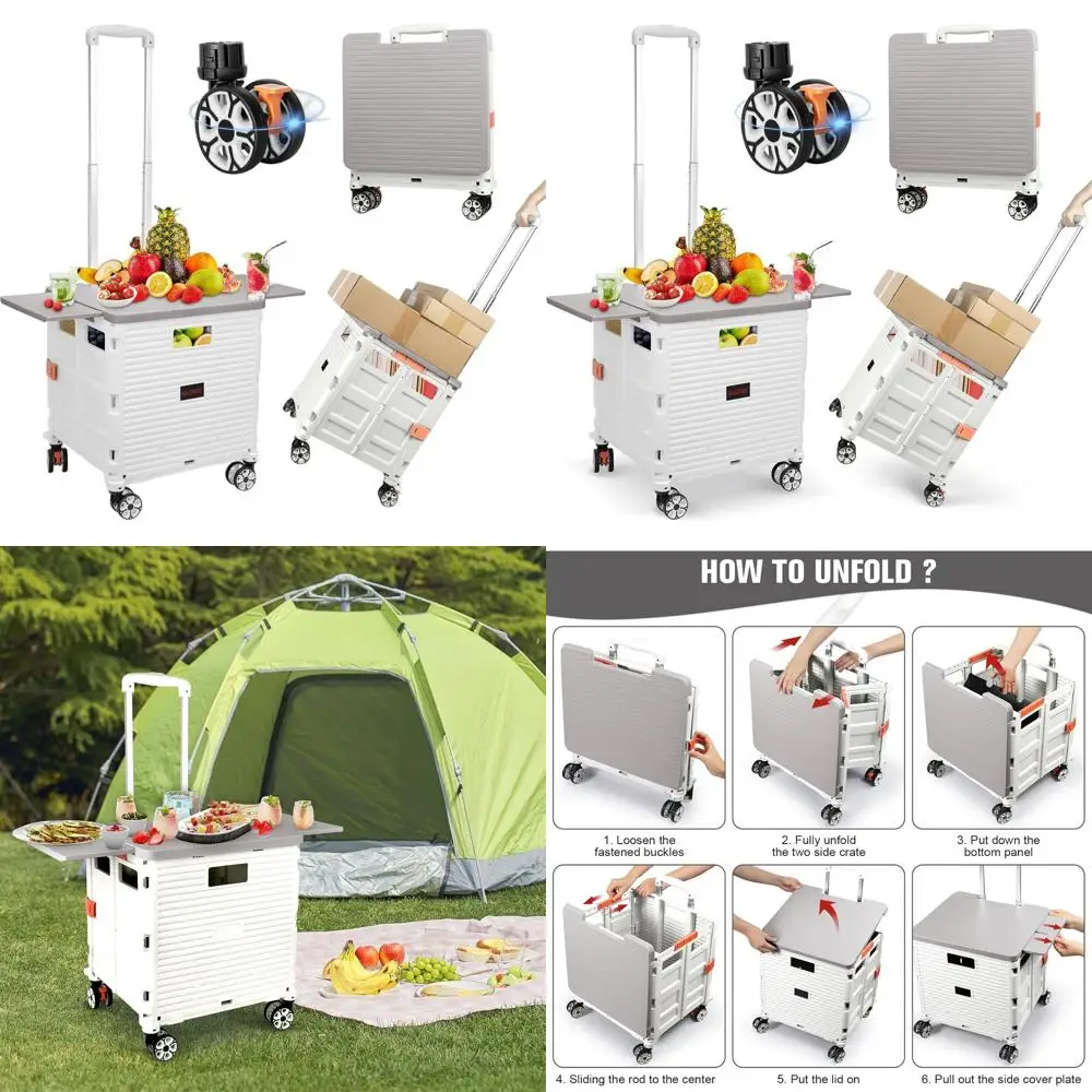 

Portable Folding Utility Cart with Magnetic Lid and Telescoping Handle, 360° Swivel Wheels for Various Uses