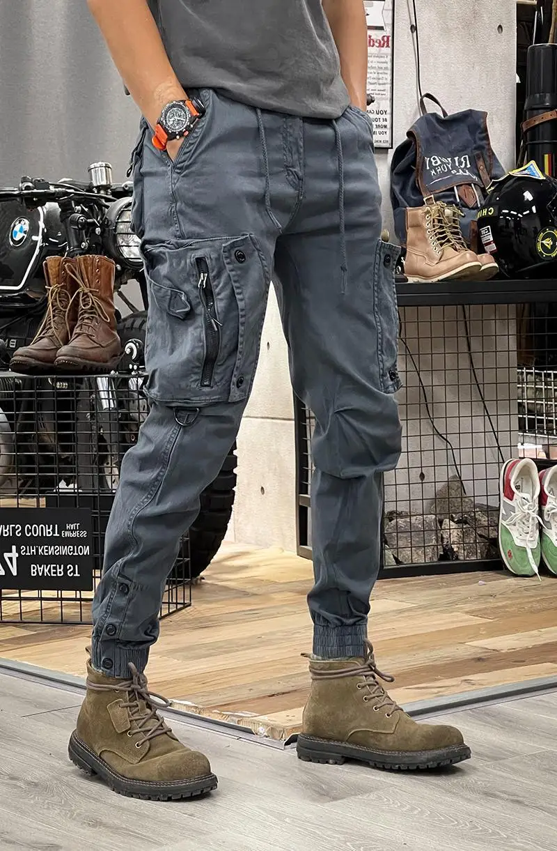 Men's Fashionable Multi Pocket Zipper Design Work Pants, Loose Wide Leg Straight Leg Casual Drawstring Outdoor Training Male - Image 4