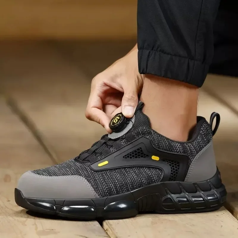 Button Lightweight Safety Shoes Men Breathable Steel Toe Anti Smash Anti Puncture Comfortable Work Boots Protective Footwear
