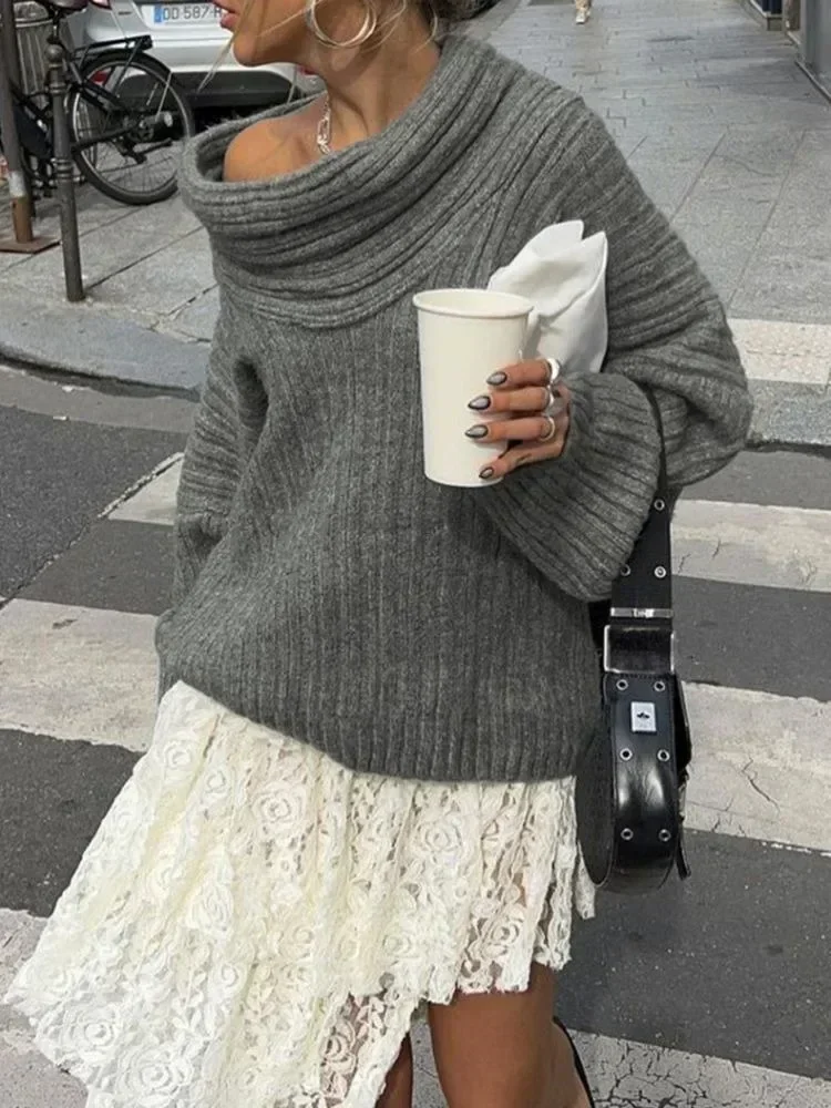 2024 suéteres Borgoña para mujer Otoño Invierno suéter con hombros abiertos blanco de manga larga suéter de gran tamaño para mujer