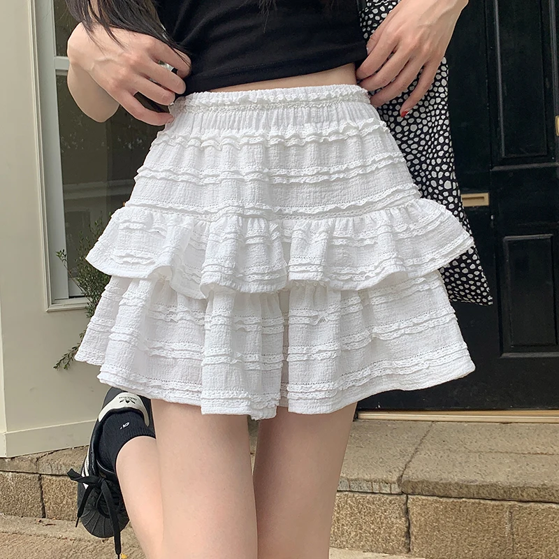 

Kawaii черные мини-летние юбки с рюшами, женские лоскутные кружевные корейские модные милые бальные платья, белая вечерние короткая юбка Mujer