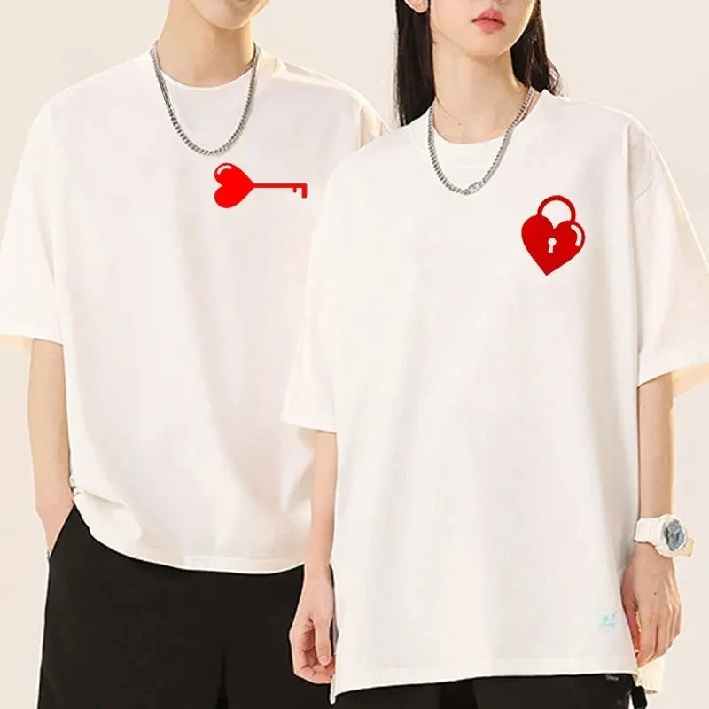 T-shirts de couple pour la Saint-Valentin, nouvelle mode, motif cœur et clé, manches courtes, pour cadeaux de petite amie, vêtements populaires