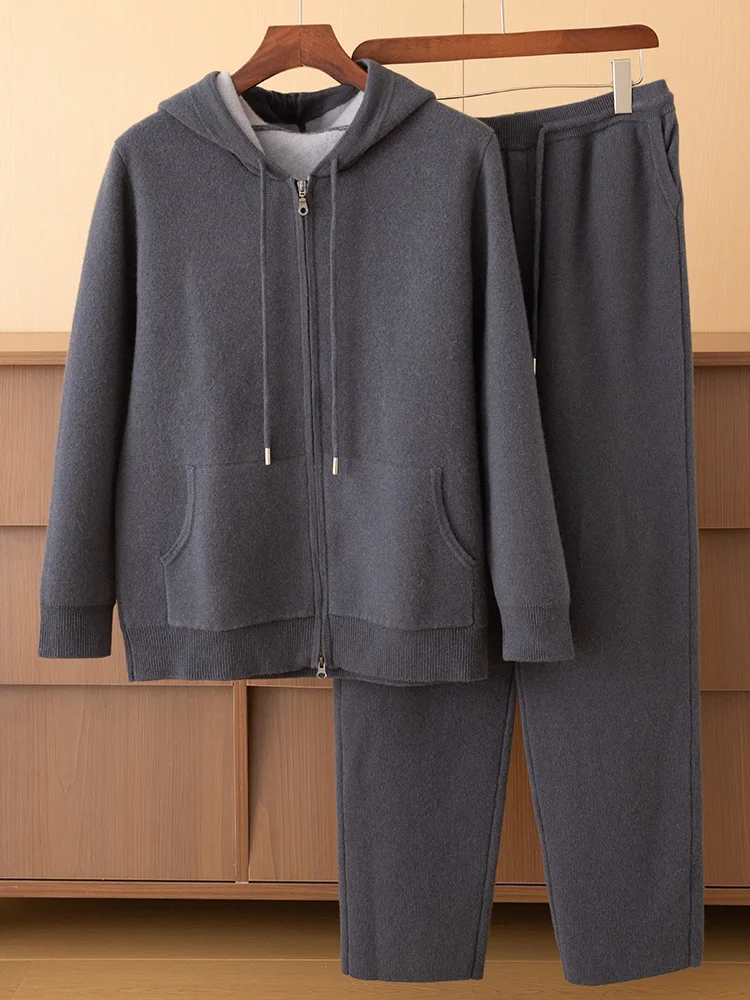 

Men Cashmere Hooded Sweater Pants Suit Zipper Cardigan 100% Cashmere Knitwear Trousers Autumn Winter Thick Warm Soft Clothes Set