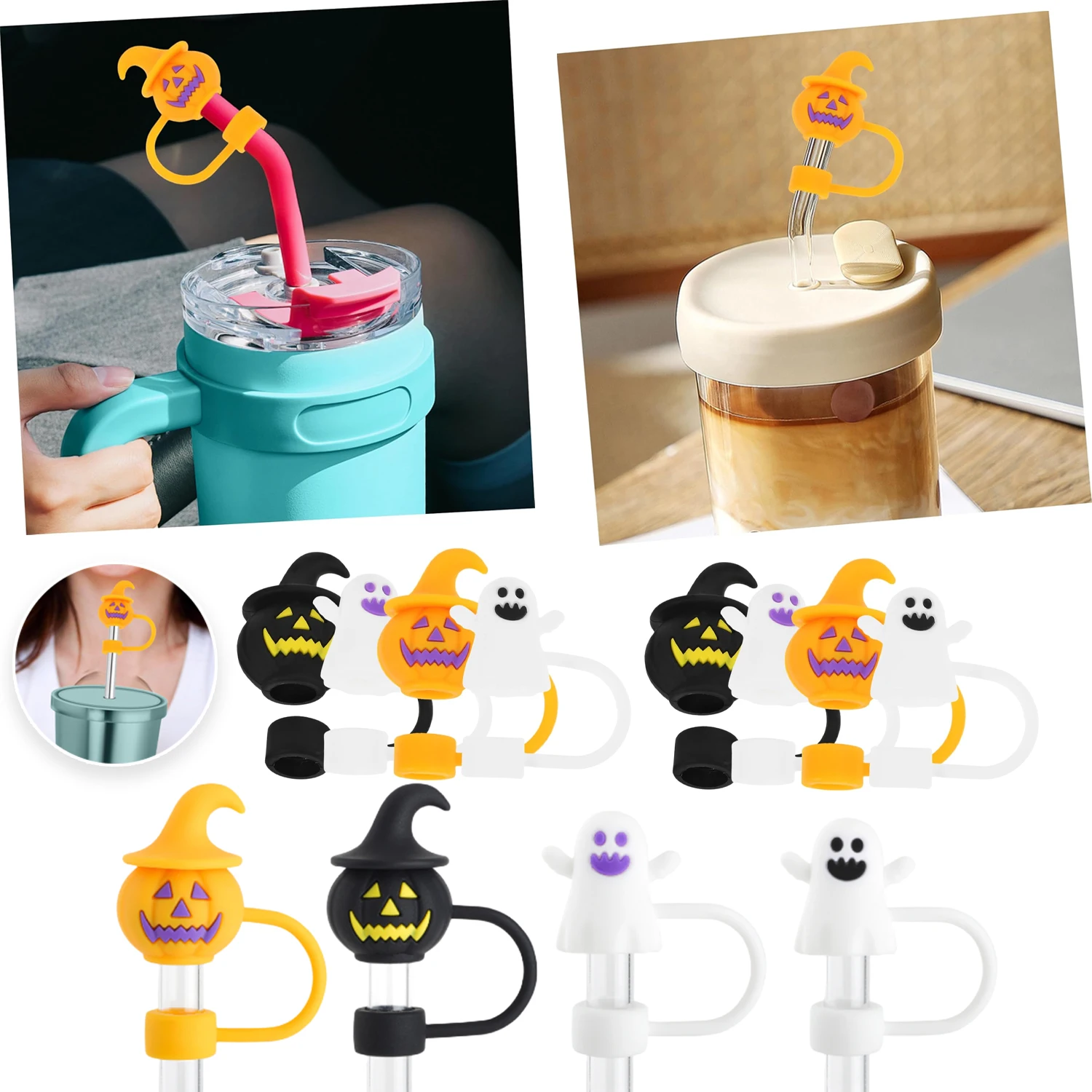 Halloween Straw Cap Silicone 8-10mm Straw Cover Pumpkin Head Ghost Cute Cartoon Party Straw Decoration Cap Dust Cover
