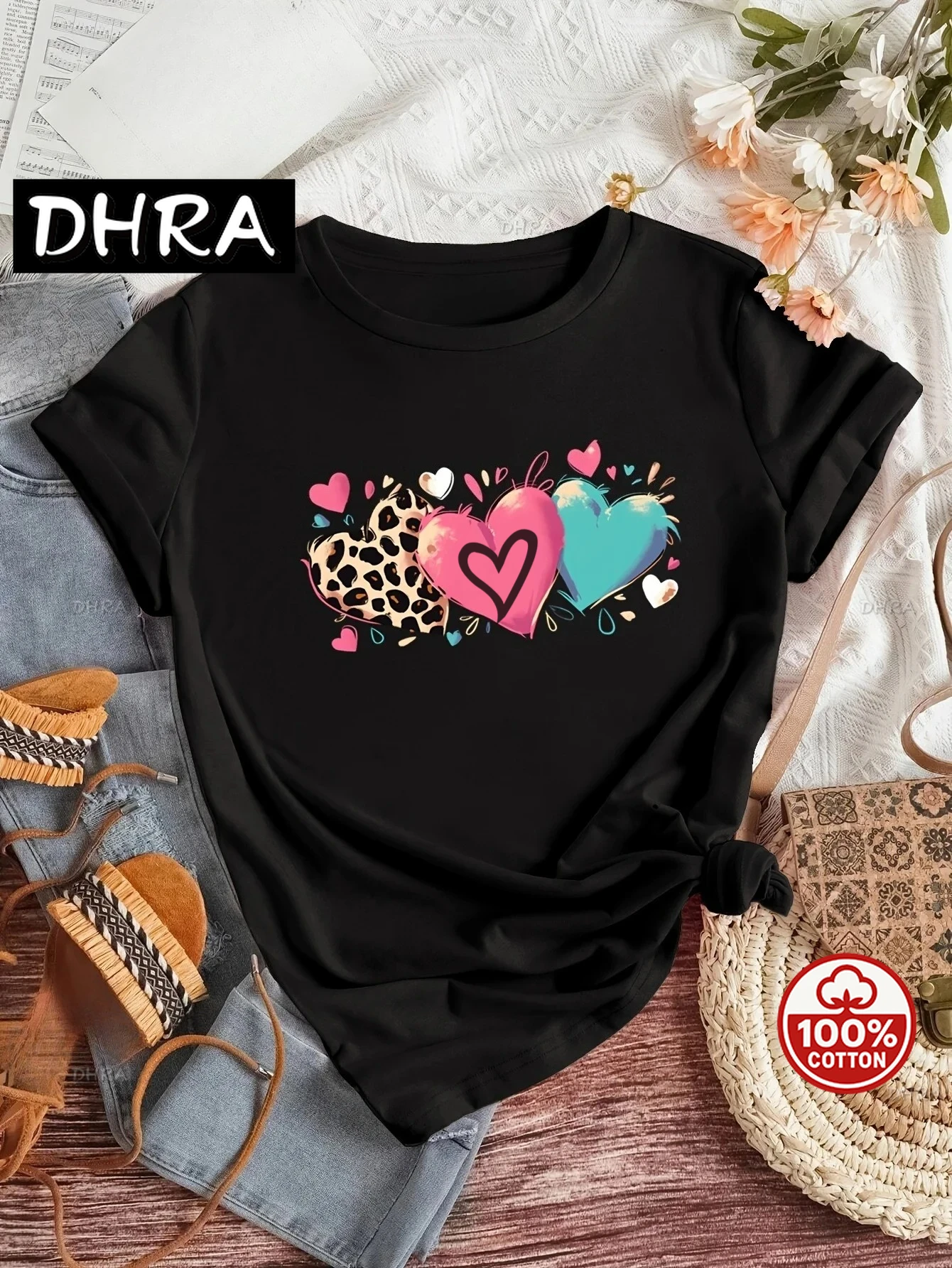 القلب المطبوعة طاقم الرقبة تي شيرت قصير الأكمام المرأة بلايز عادية الربيع/الصيف الملابس الشارع الشهير الجرافيك تي شيرت Y2K المحملة #1