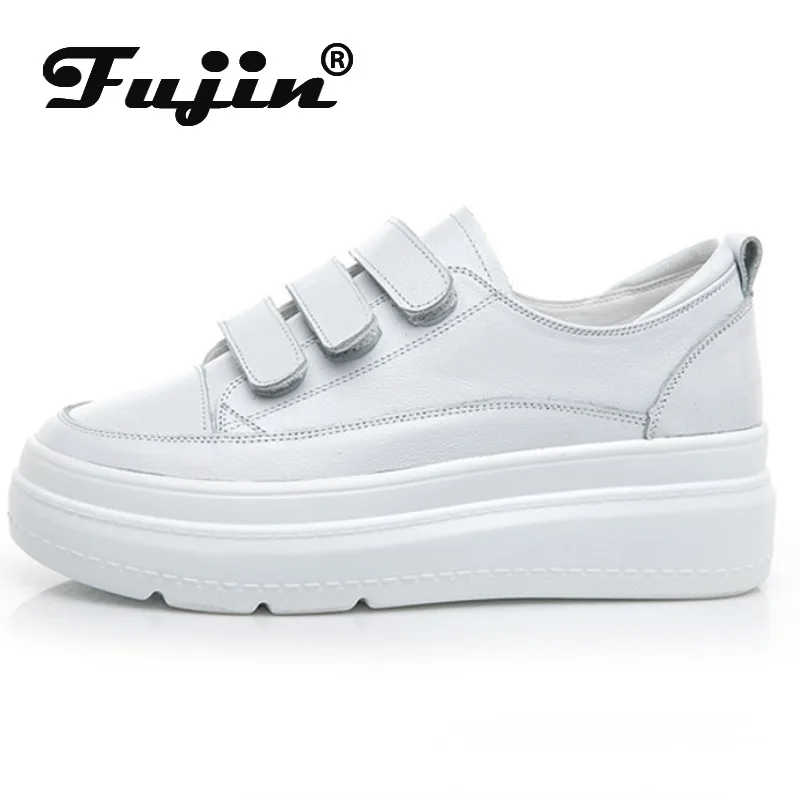 

Женские кроссовки на танкетке Fujin, Белые Повседневные кроссовки из натуральной кожи на толстой подошве, 6 см, весна-осень 2019