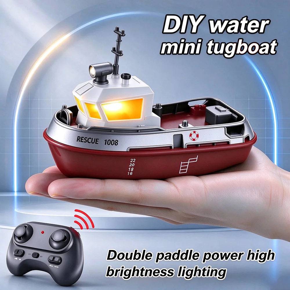 1:32 Mini RC Boat Kids Toy With Rotating Searchlight Dual Propeller Water Induction Start LED Light Simulation Rescue Tugboat