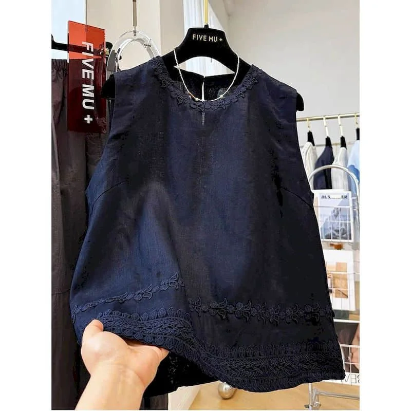 Elegant Vests O-neck Casual Korean Style Sleeveless Tops Flared Hem Flower Embroidery Shirts 2026 Summer Sale Women Clothing