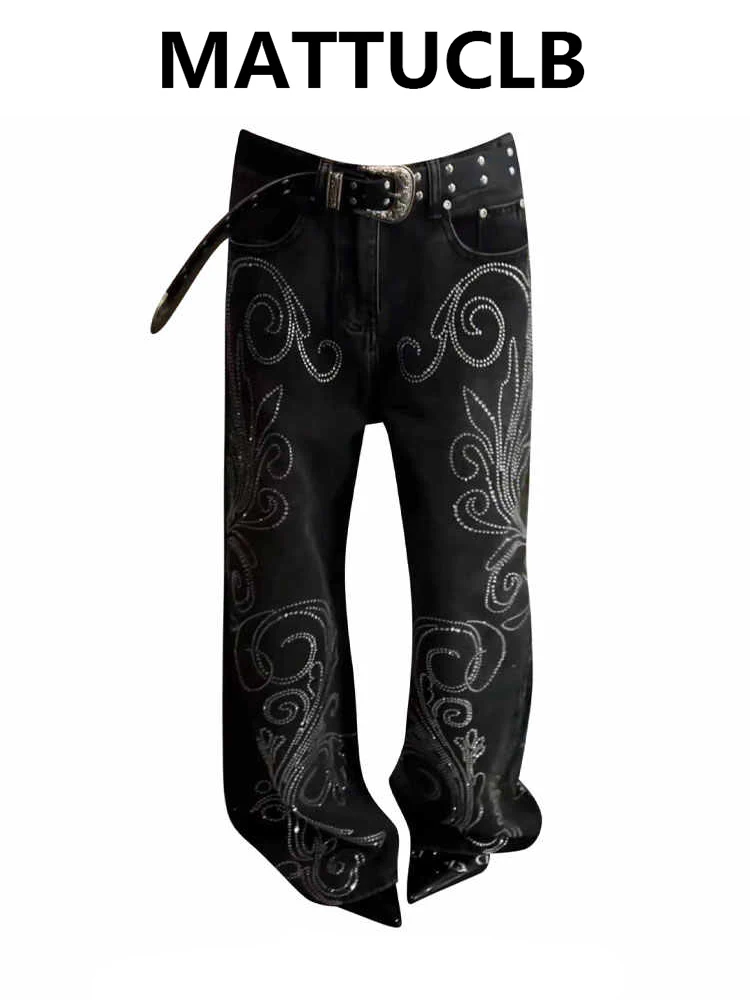 

Women's Jean Punk Rhinestone Baggy Wide Fit Denim Pants Dark Academia Grunge Abi Y2K Goblin Core Japanese Harajuku 2000s Design