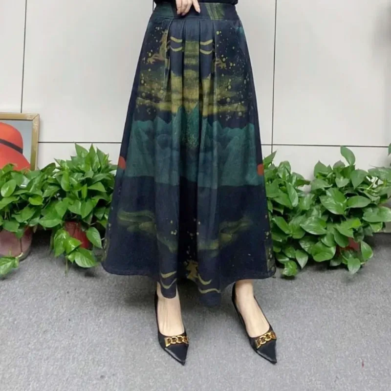 Modna spódnica dla mamy na wiosnę i jesień, nowa retro spódnica o średniej długości z nadrukiem, spódnica z wysokim stanem, spódnica w kształcie litery A.