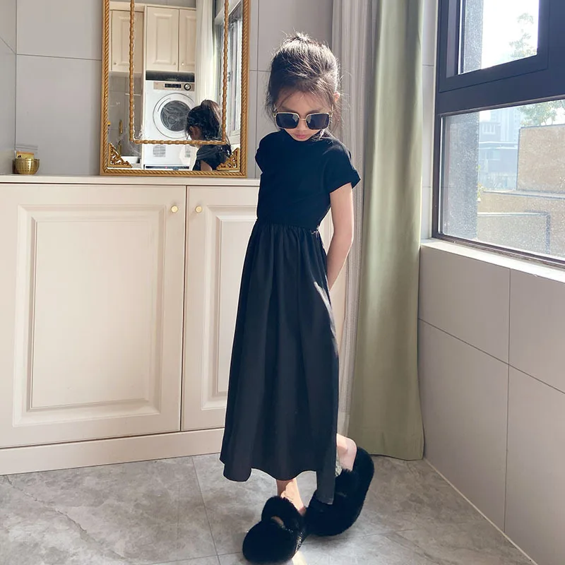 Girls Black Dress 3-12 Years Cotton Party Dress Teen Girls Student Fashion Dress Summer Princess Dress Kids Casual Dresses