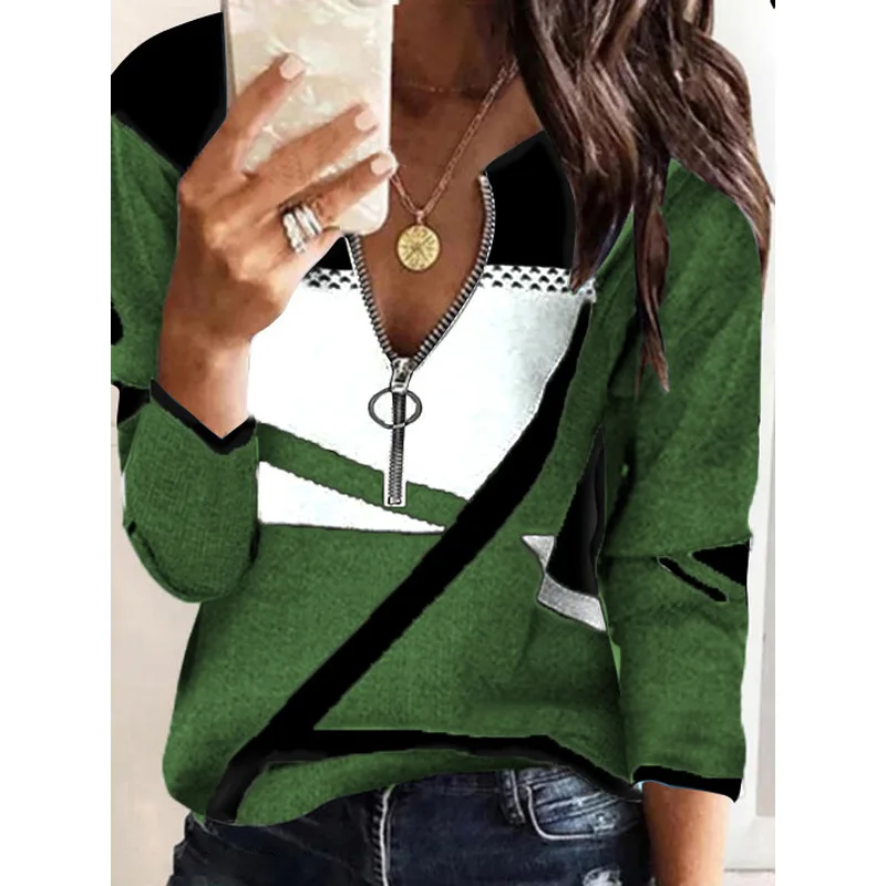 T-shirt Women spring/summer Floral Printing Zipper Long Sleeve Fashionable V-neck women's Tshirts Dropshipping Sale YSX2123