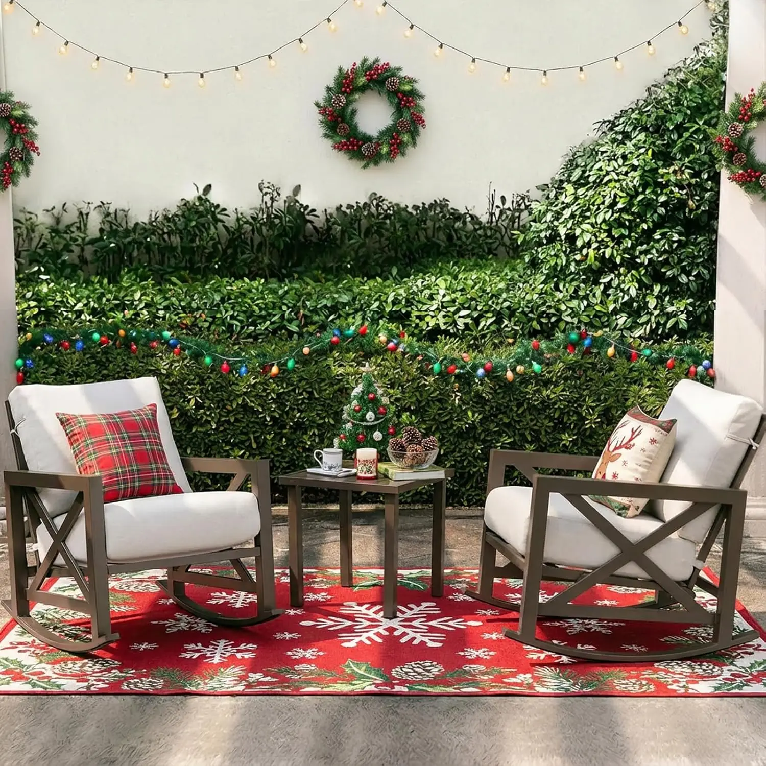 

Rocking Bistro Set, 3 Piece Outdoor Patio Conversation Furniture Set with 2 Rockers and 1 Metal Coffee Table with Thick Cushions