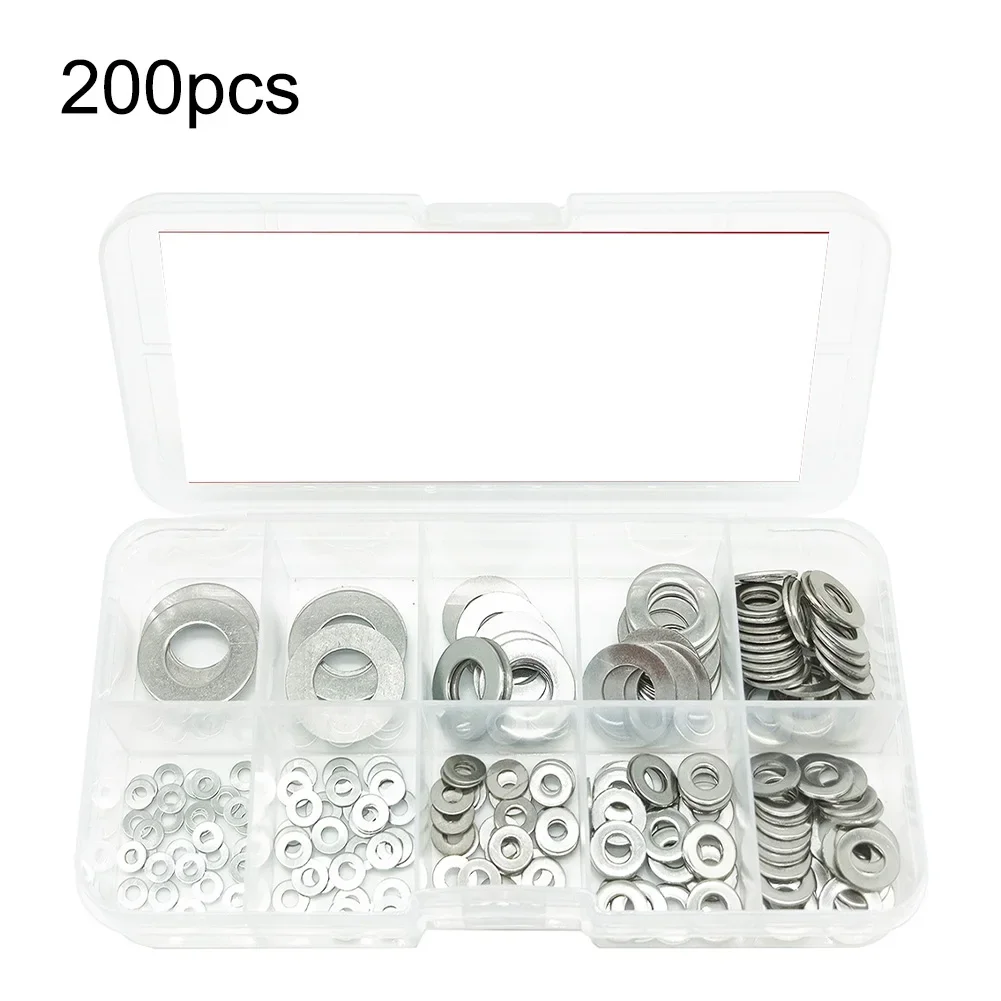 

200pcs Stainless Steel Flat Washer Plain Gasket Rings Assortment Kit M2-M10 Flat Washer Kit Fasteners Hardware Wash Industrial