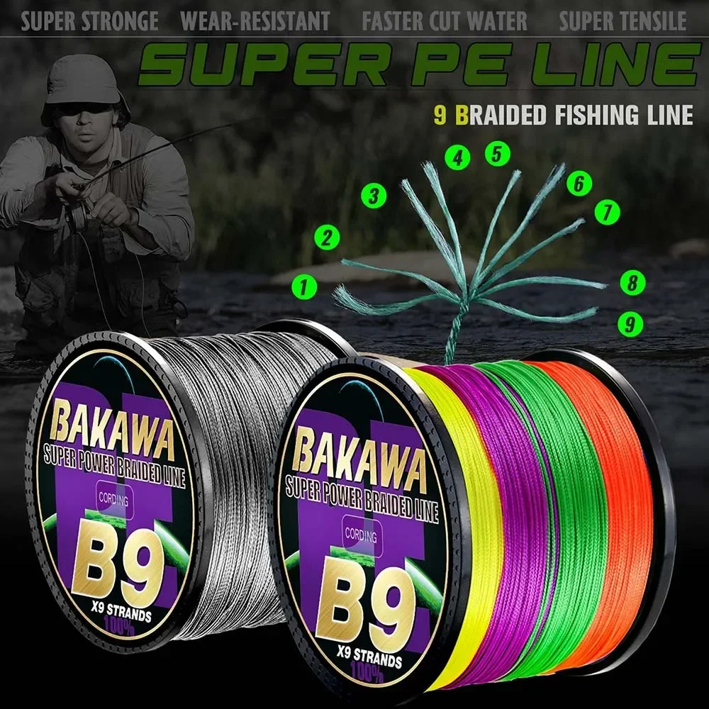 BAKAWA 9 Strands 500M PE Braided Fishing Line tresse peche Saltwater Freshwater Fishing Weave Multifilament 9 Threads Tackle