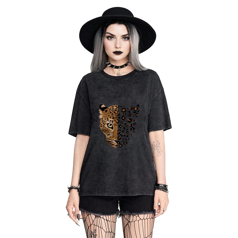 Vintage ล้างเสื้อยืดสีดําผู้หญิงผู้ชายเสือดาวพิมพ์ครึ่งหน้า Graphic Tee หลวม Fit Casual Streetwear Grunge Aesthetic Top