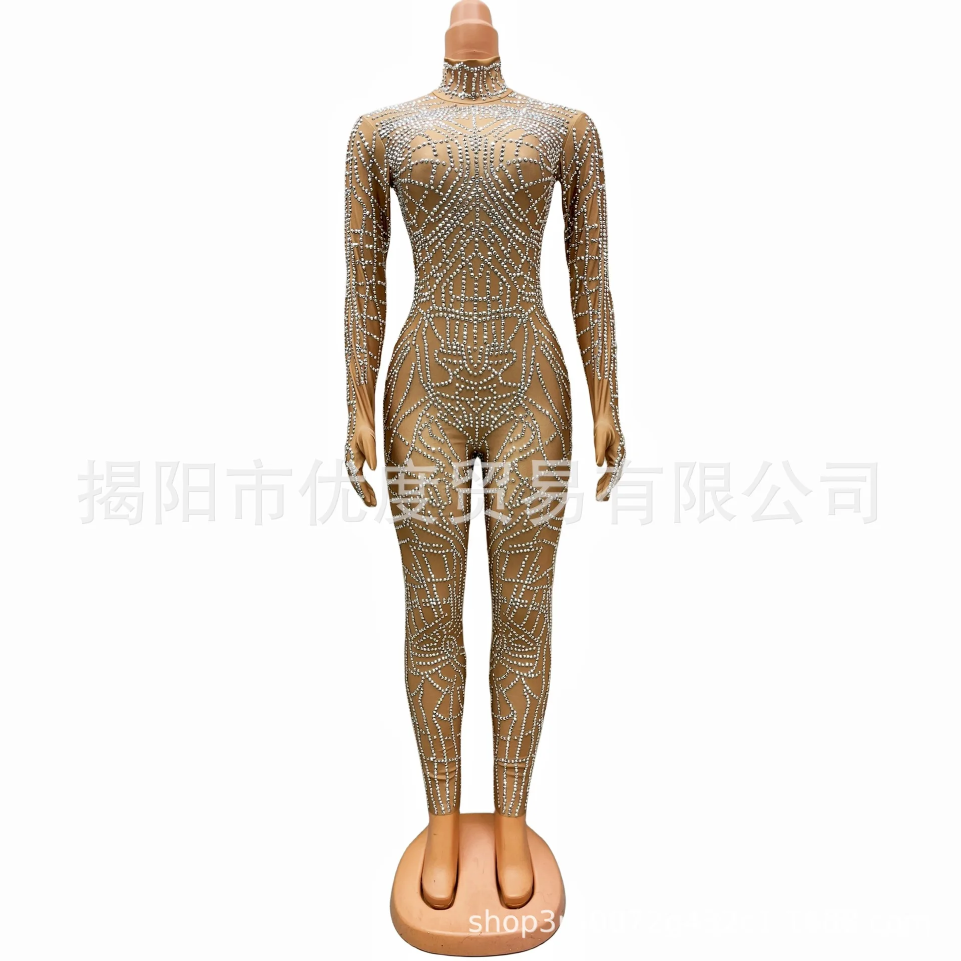 

Shining Rhinestone Gloves Integrated DJ Party Personalized Design Jumpsuit Female Singer Night Performance Suit Grid Ropa Espejo