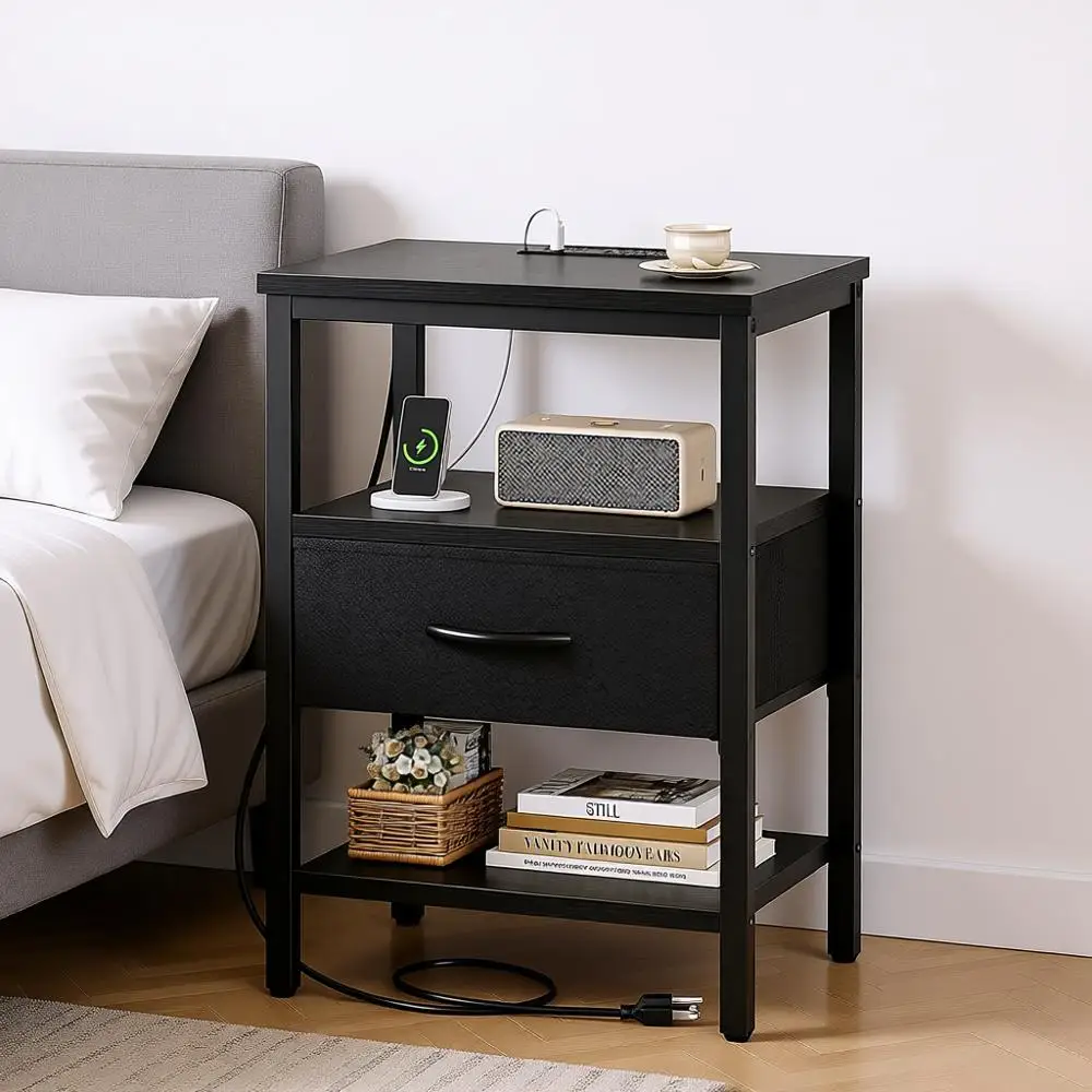 

Nightstand with Charging Station, Adjustable Fabric Bed Side Table, 3-Tier Storage End Table for Bedroom or Living Room, Black