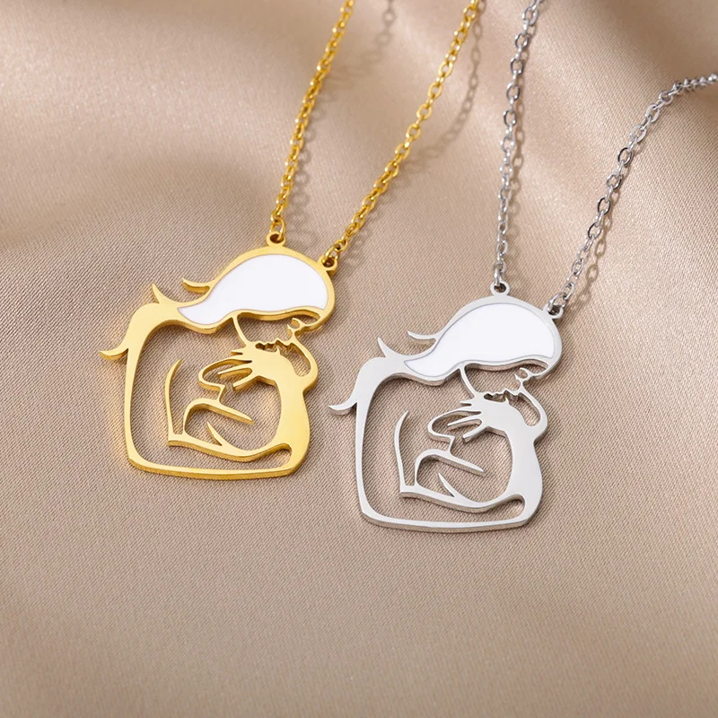 Vintage Baby Mother Mom Pendants Necklace Child Pregnant Heart Gold Color Stainless Steel Chain Gift For Women Jewelry