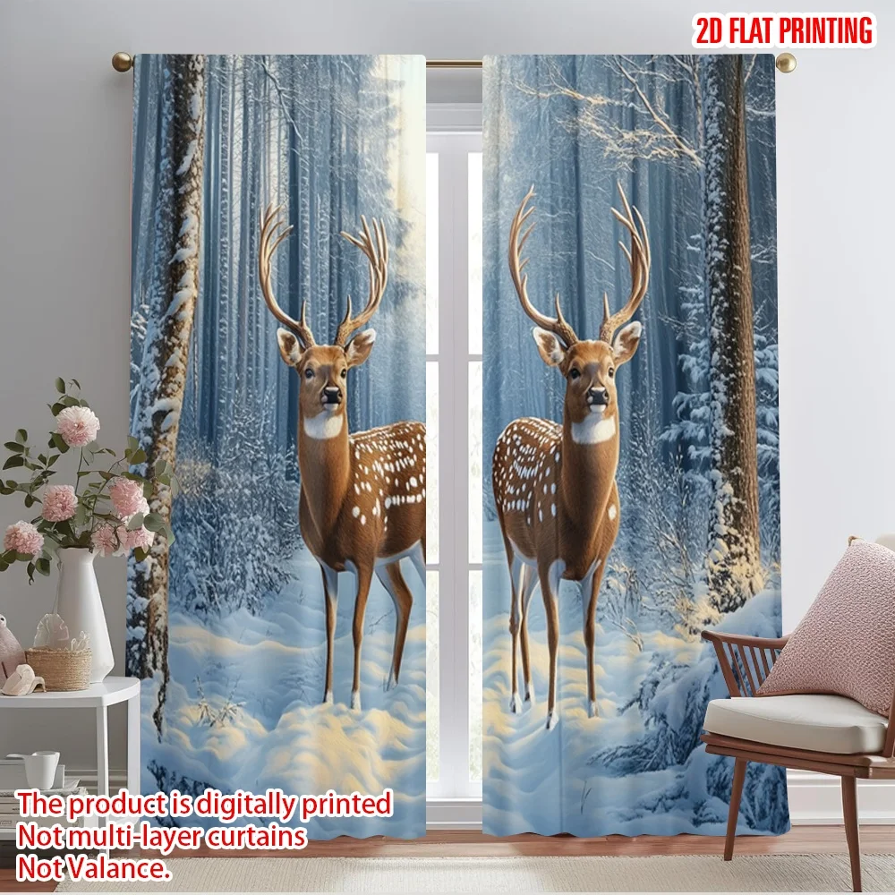 2pcs,2D plane printing Curtain Popular Deer In Snow Forest (2) 100% Polyester (without rod) Art Deco Festive Perfect for Living