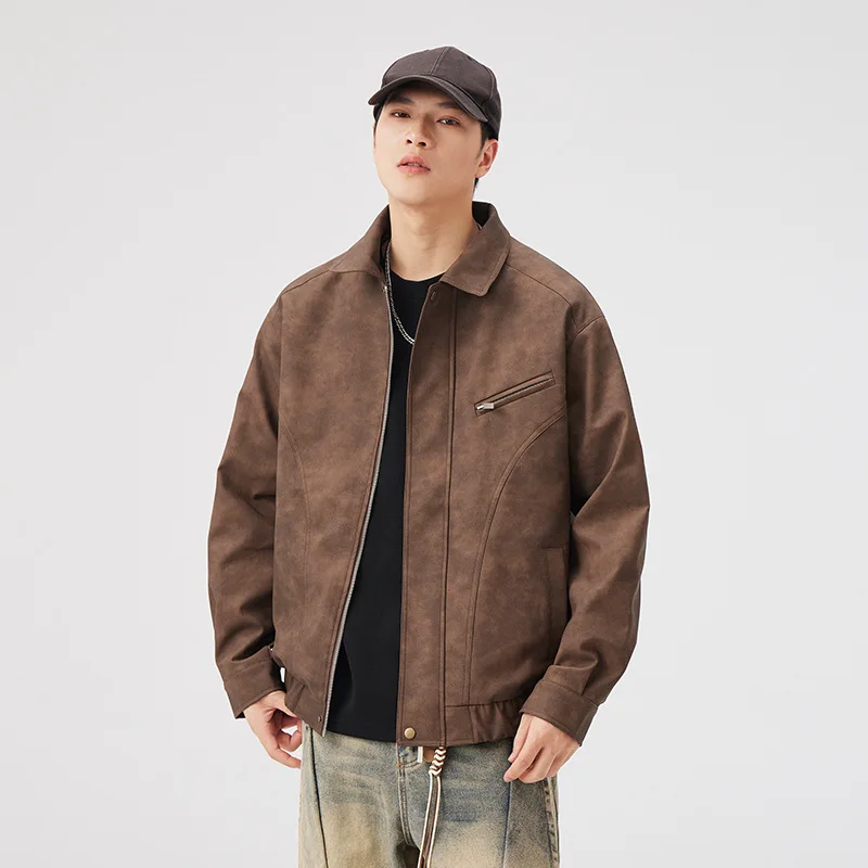 

Autumn Men's Workwear Lapel Zipper Short Jacket Hip Hop Turn-down Collar Pu Leather Solid Color Bomber Coats Chic Man Clothes