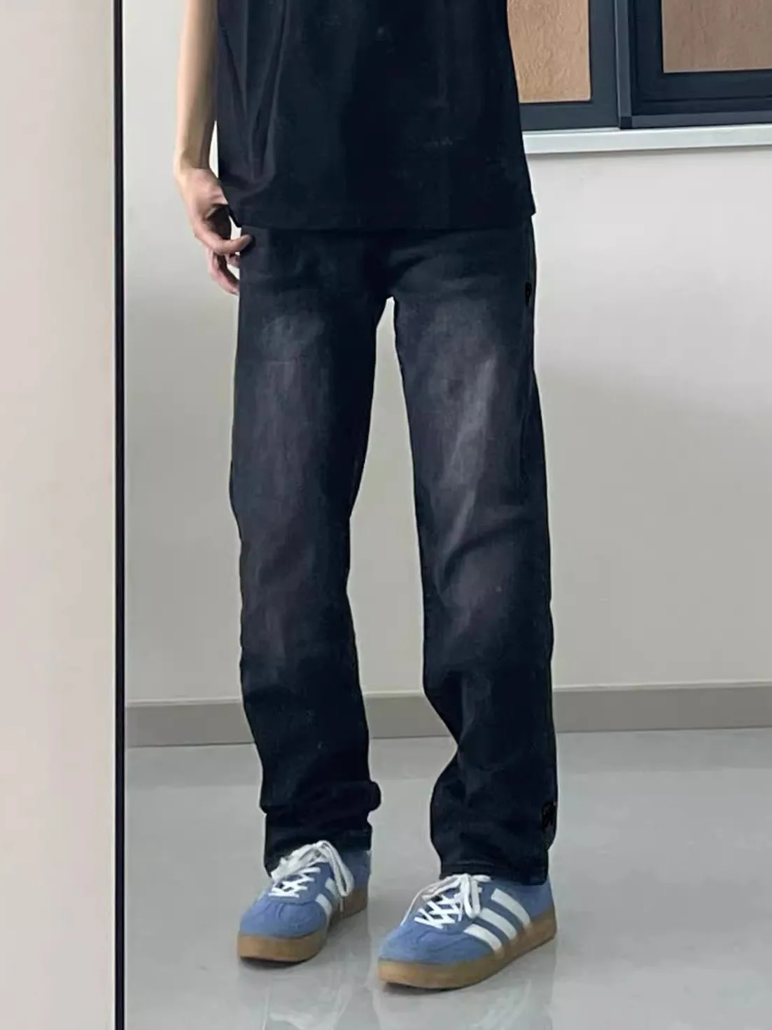 

Retro Waed Distred Bla Denim Jeans Men's Loose Straight Leg Slimming Long Pants American High Street Vibe Sle