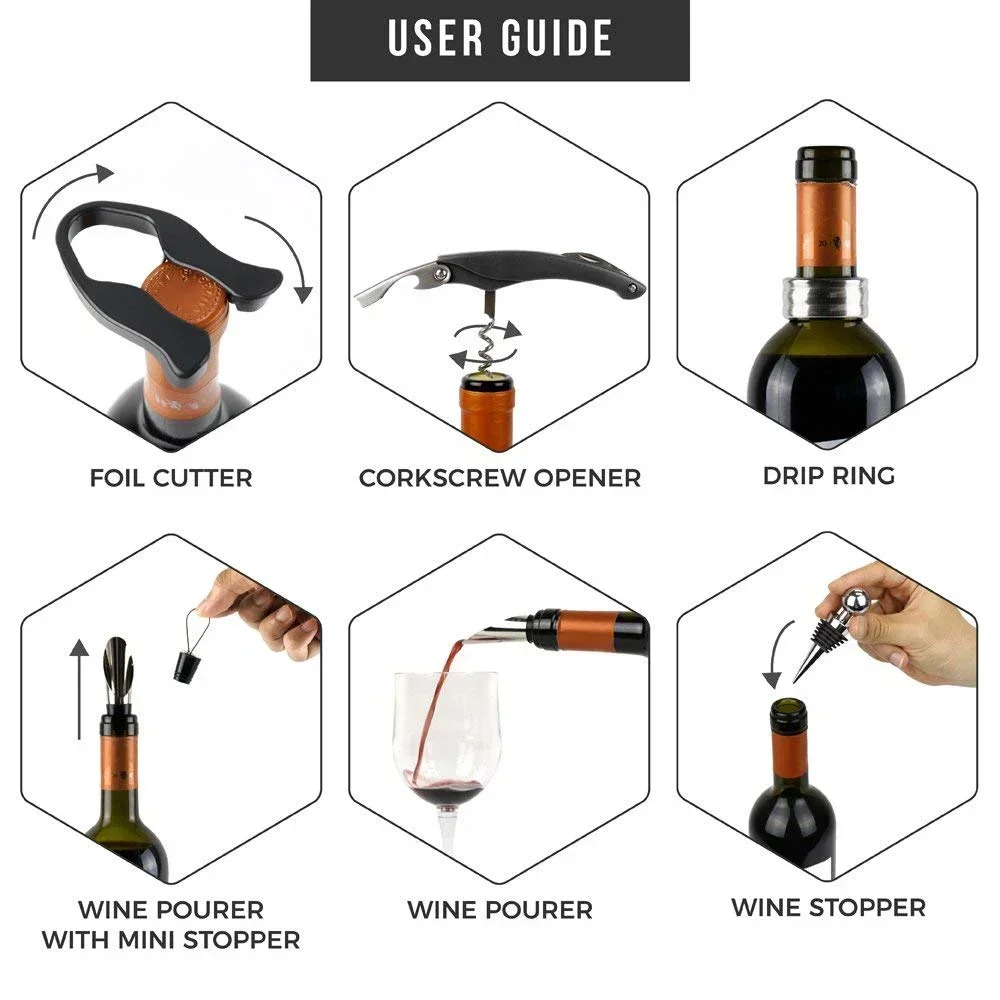 Deluxe Wine Opener Accessories Gift Tools Set  with Waiters Corkscrew 5 Piece Bottle Opening Kit