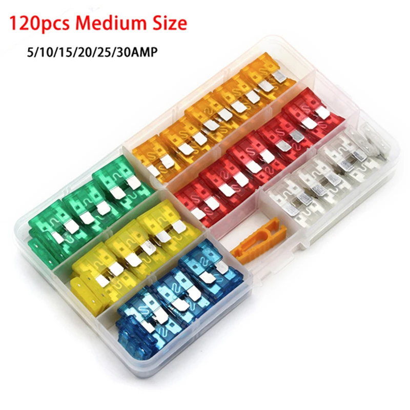 120Pcs Profile M Size Blade Car Fuse Assortment Set for Auto Car Truck 5/10/15/20/25/30A Fuse with Plastic Box Car Accessories