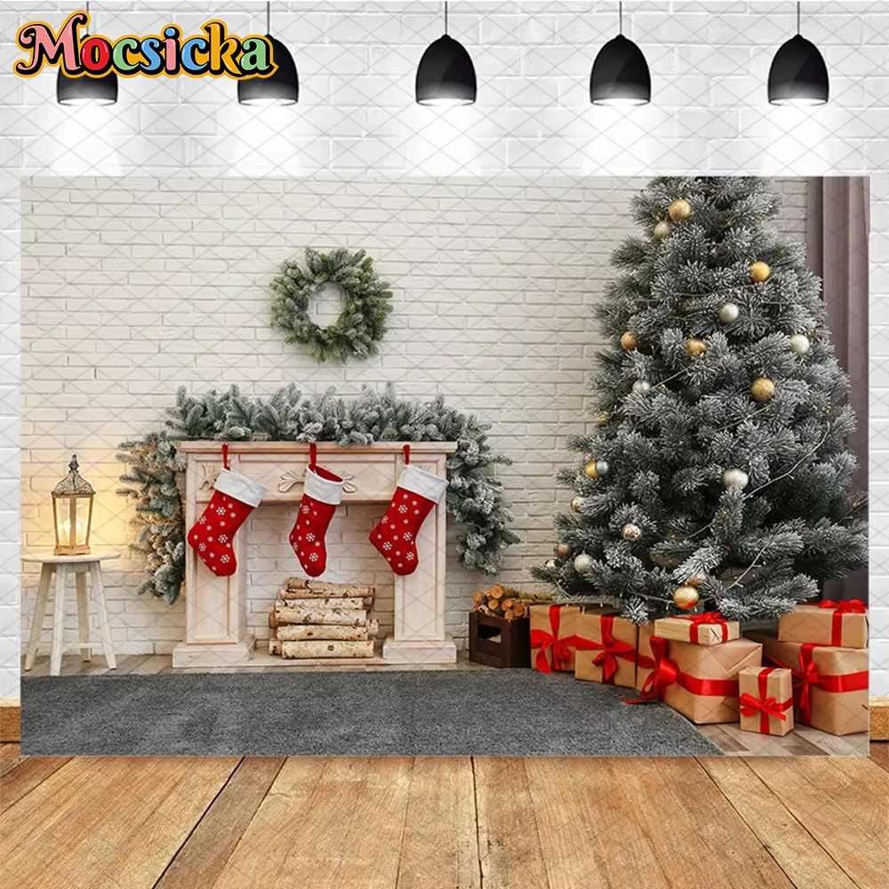 

Mocsicka Christmas Photography Background Home Xmas Tree Brick Wall Fireplace Decorations Children Photo Backdrops Studio Banner
