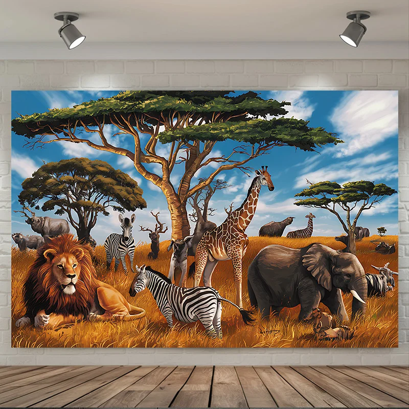 African Safari Wildlife Tapestry Wall Hanging Art Decor Lions Zebras Giraffes And Elephants For Living Room Bedroom Quick Setup