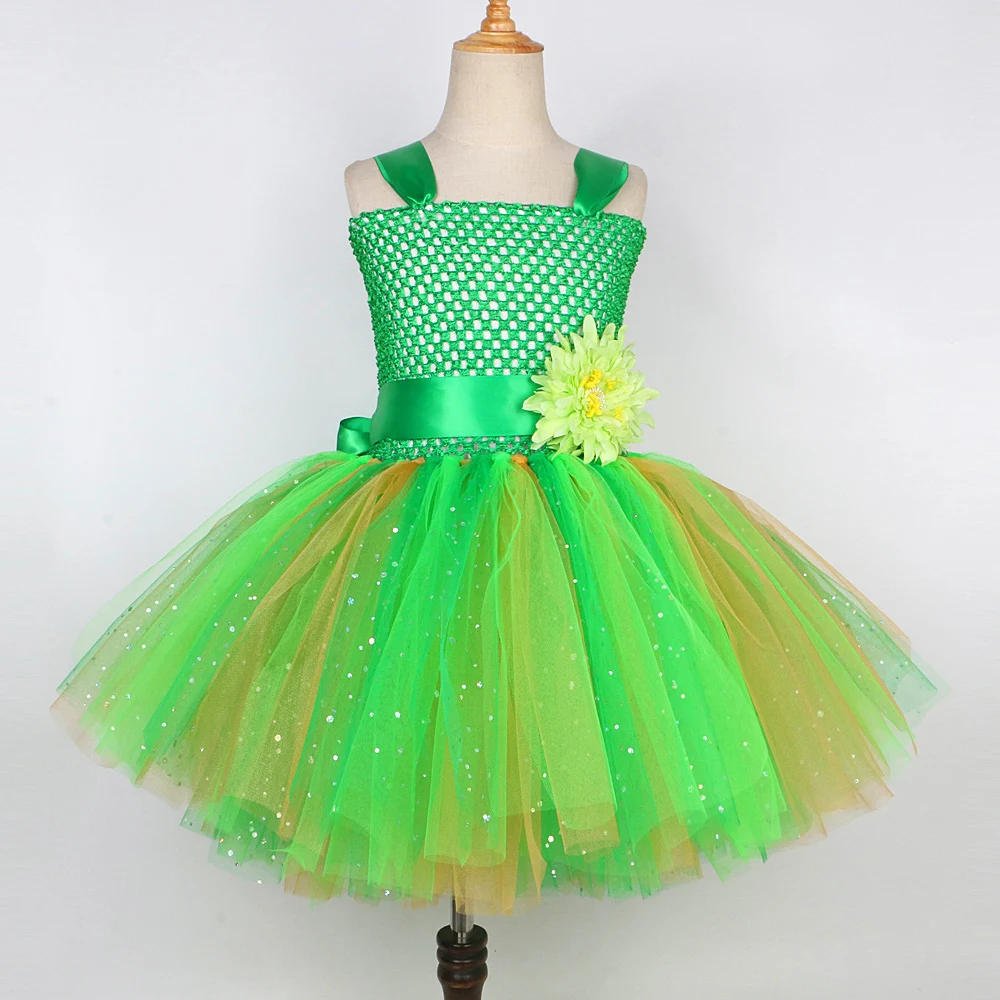 Sparkly Green Flower Fairy Princess Dresses Kids Christmas Carnival Costumes Girls Twinkle Birthday Outfit with Butterfly Wings