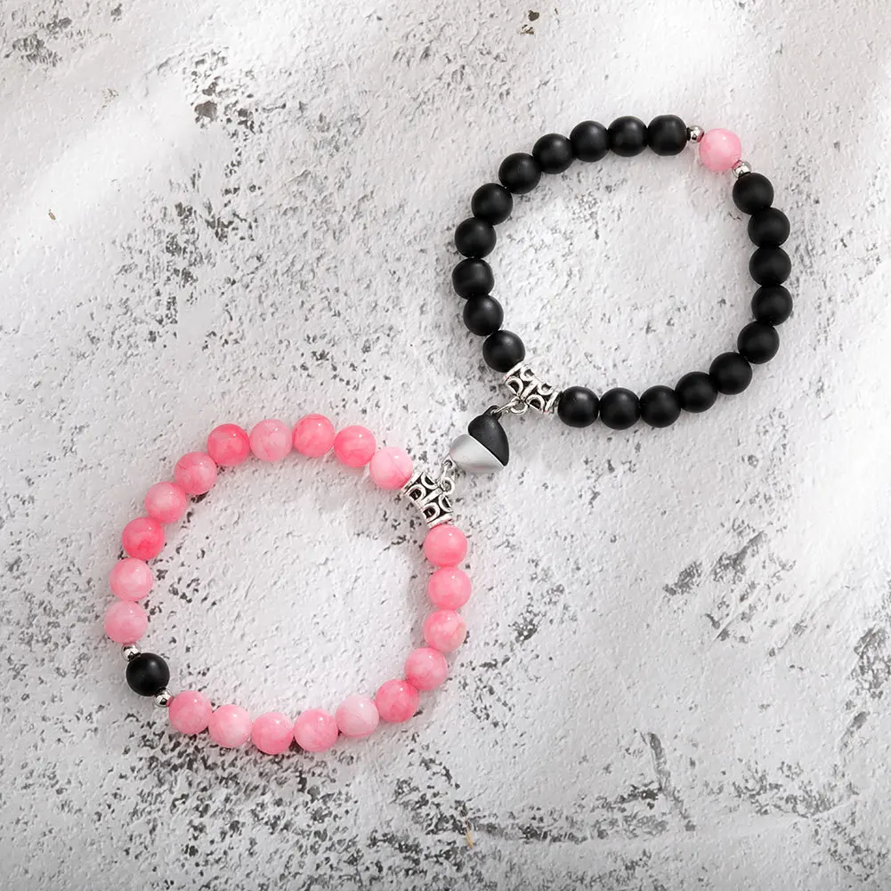 2Pcs/Set Natural Stone Beaded Heart Magnet Attraction Couple Bracelets For Women Men Simple Love Relationship Bracelet Jewelry