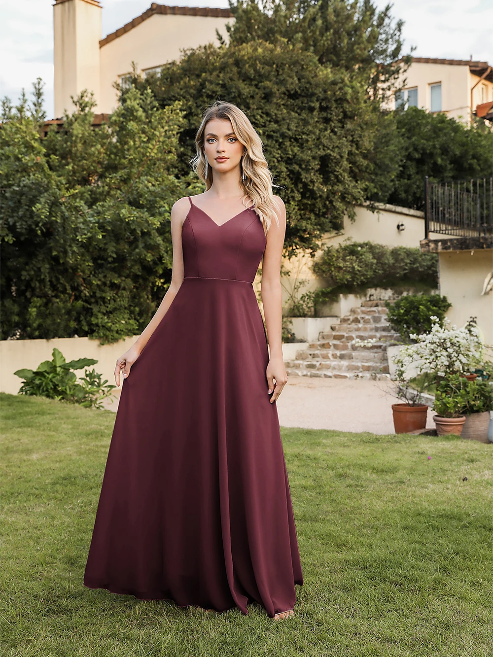 

Шифоновое вечернее платье на бретельках с v-образным вырезом и цветочным кружевом с открытой спиной Длинные платья трапециевидной формы без рукавов Вечернее платье подружки невесты