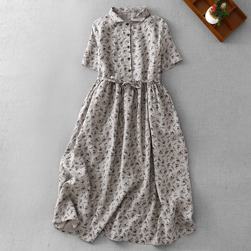 Summer Floral Cotton Linen Dr Midi Length ort Sve Babydoll Collar Slimming Skirt Wide Hem irt Dr Thin