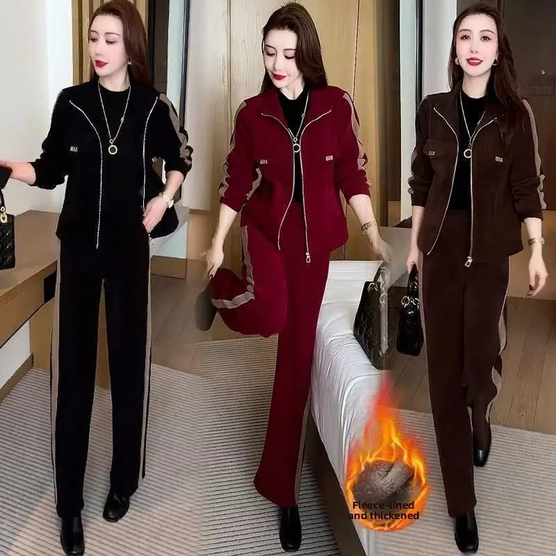 

Thickened Fleece Casual Fashion Set Women's Autumn Winter New Style Slimming Wide Leg Pants Two Piece Set Trendy And Youthful