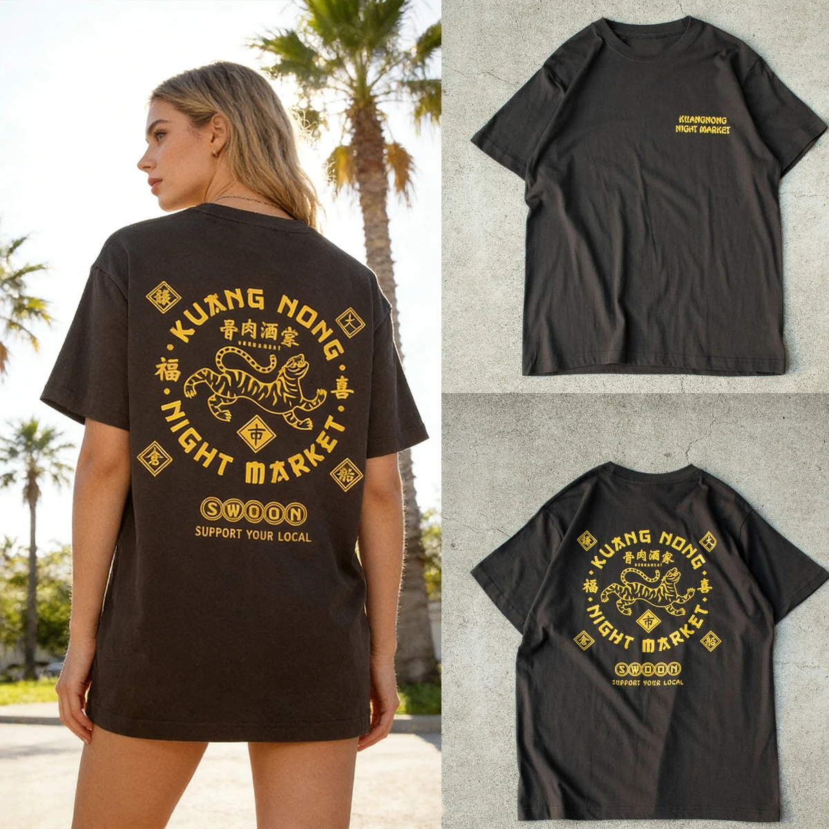 2026 Summer Vintage Oversized Graphic T‑Shirt For Adults Kids Washed Tiger Night Market Art Loose Short Sleeve Street Tee
