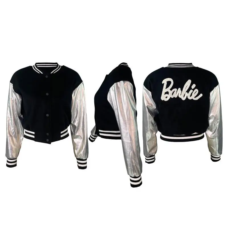 Fashion Barbie Girls Baseball Jacket Kawaii Y2K Autumn Winter Casual Embroidered Stitching Slim Short Streetwear Uniform Coat