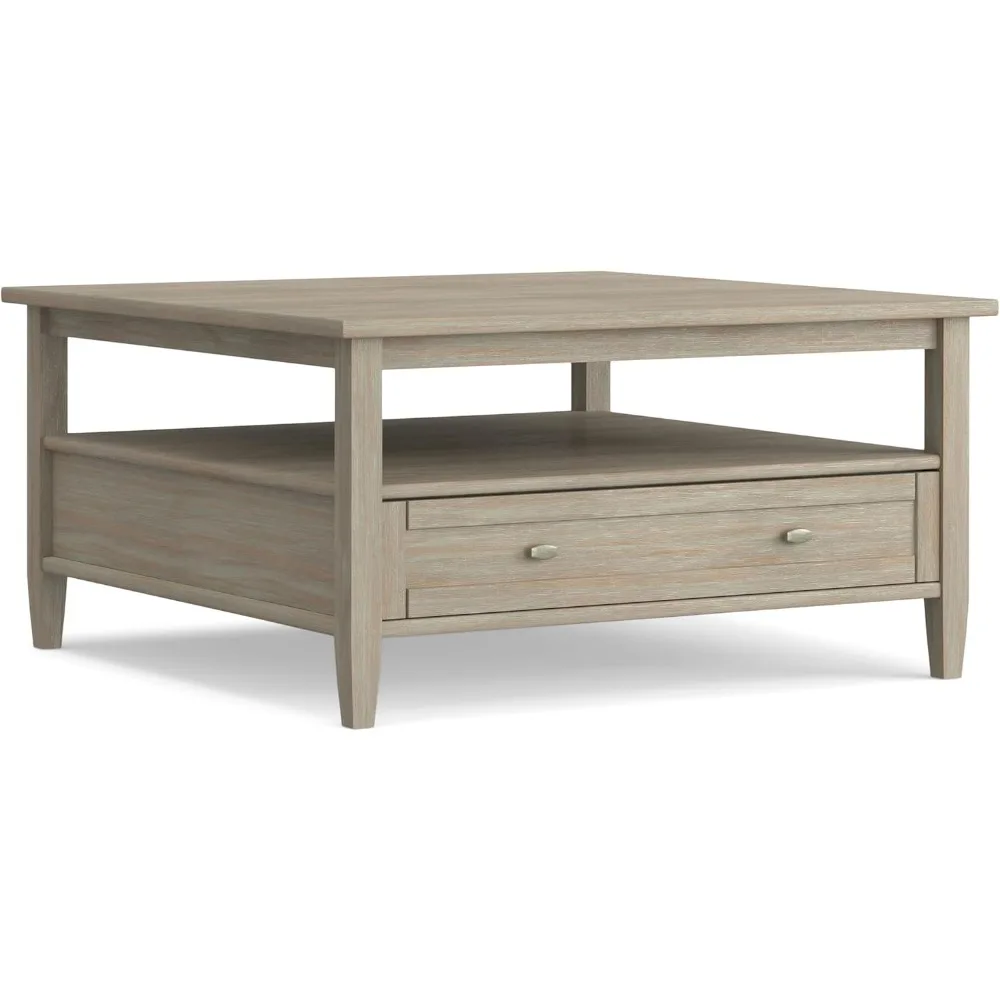 

Warm Shaker SOLID WOOD 36 inch Wide Square Transitional Coffee Table in Distressed Grey for the Living Room and Family Room