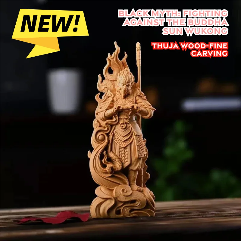 wood carving Battle Buddha Sun Wukong sculptures and figurines Black Mythical Figures Home Room Office Wealth Luck Decor
