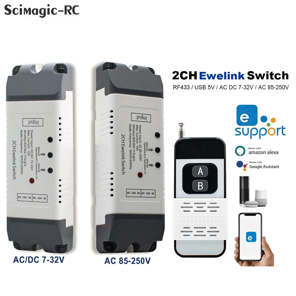 

2CH eWelink Wi-Fi Smart Switch Relay RF433 Пульт дистанционного управления Сухой контакт 12 В 24 В 220 В Модуль Jog Самоблокирующийся двигатель Alexa Light DIY
