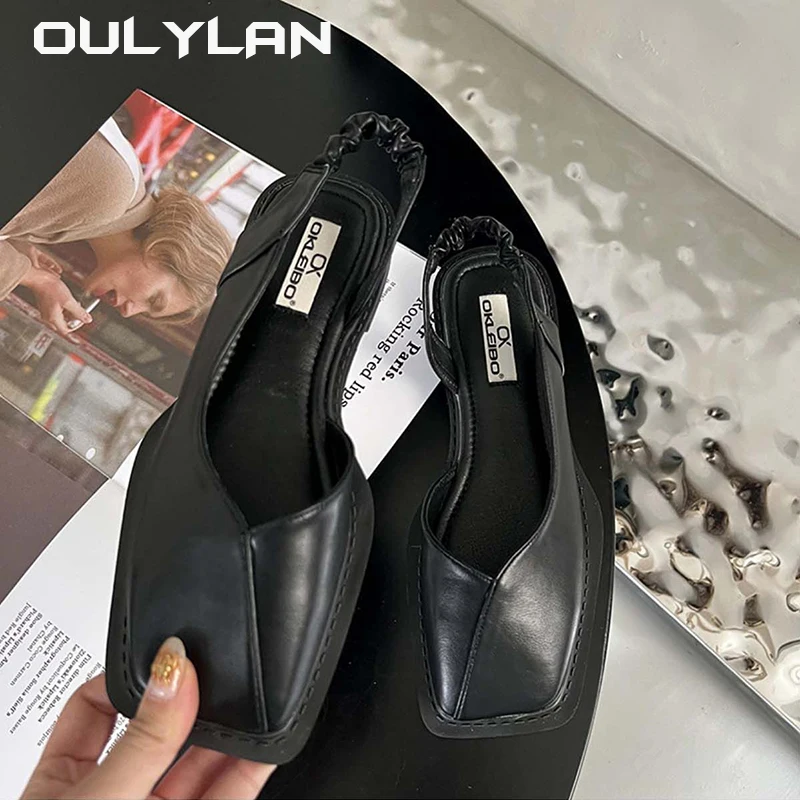 2024 Women Shallow Party Shoes Summer Elegant Sandals Square Heel Slippers 35-40 for Ladies Fashion Elastic Band Flat Heel