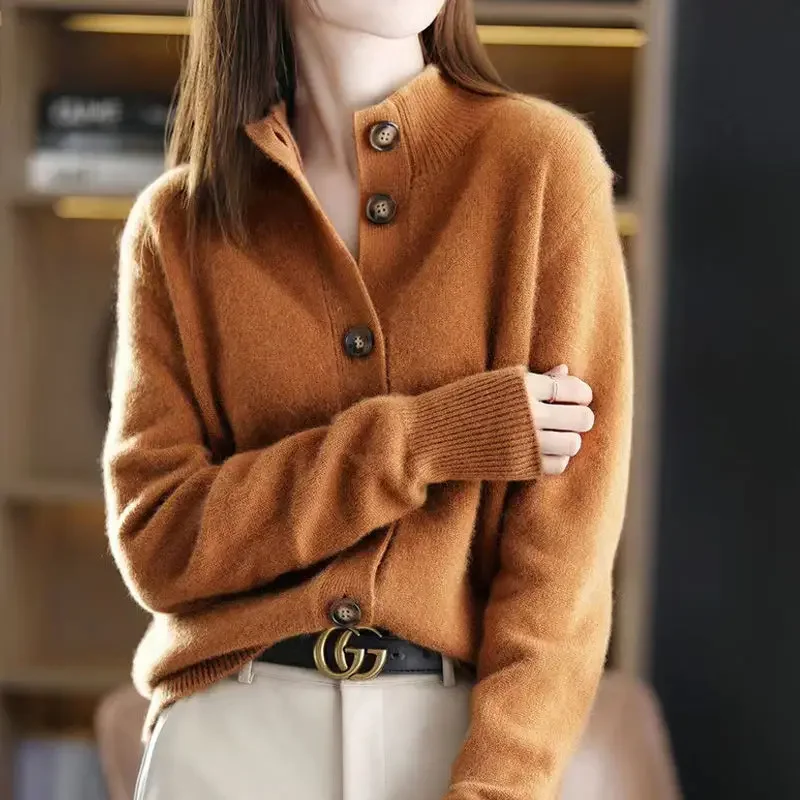 

Women's Solid Color Standing Neck Button Loose Fit Long Sleeve Sweater Knitted Cardigan Fashion Elegant Tops XQ591