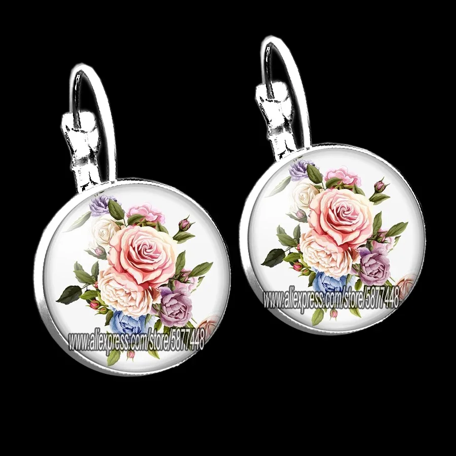 Pink Rose Flower Women Stud Earrings Beautiful Peony Flower Mother Earrings Mixed Flowers Glass Cabochon Earrings Gift for Women