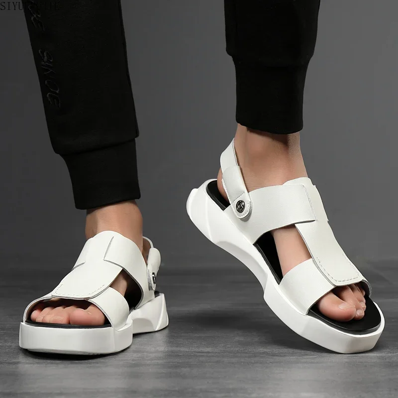 New White Black Cow Spilt Leather Men Sandals Platform Summer Roam Men Shoes Trendy Casual High Top Young Fashion Men Shoes