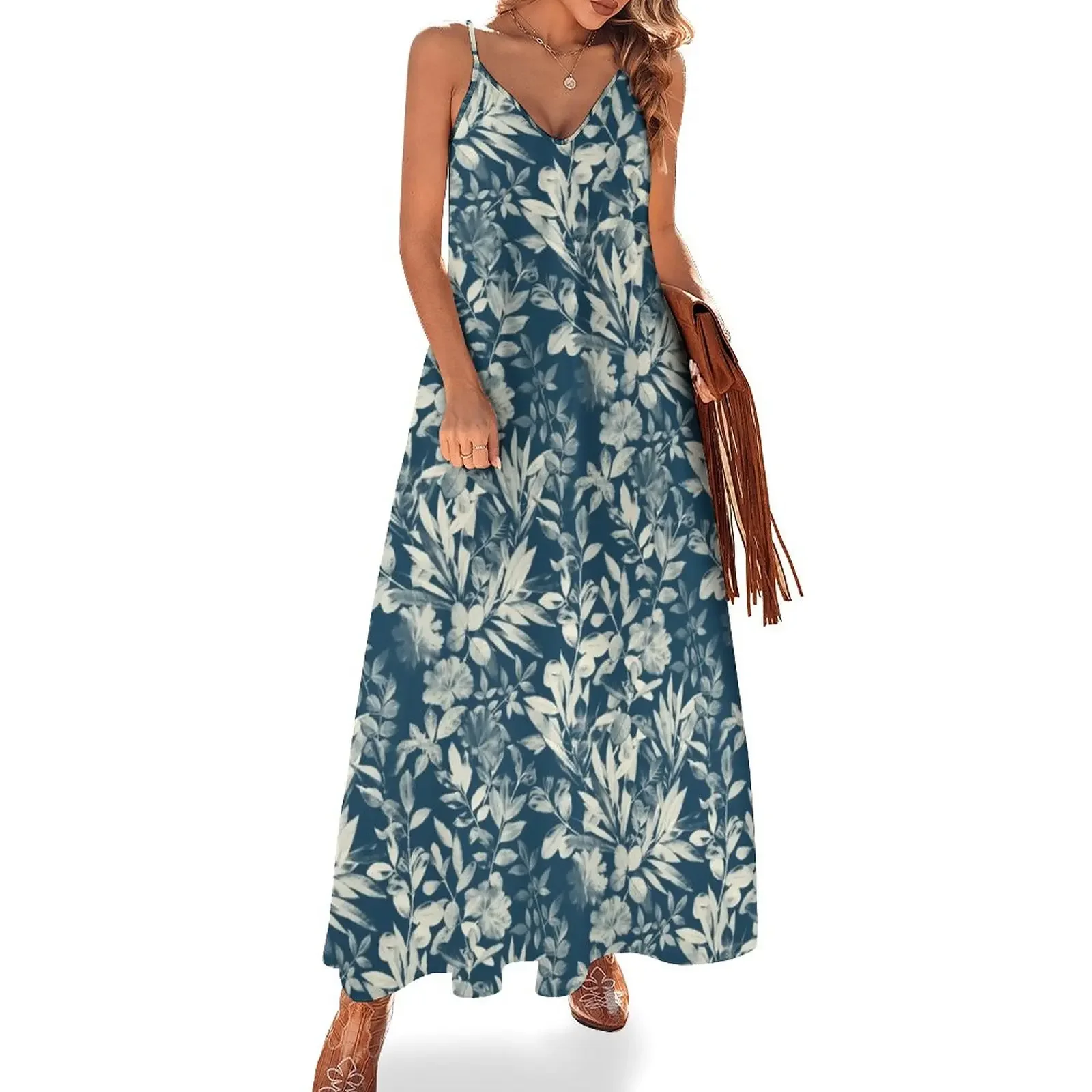 

Moody Leaves in Grey Blue and Cream Sleeveless Dress summer woman dress 2025 Cocktail of dresses