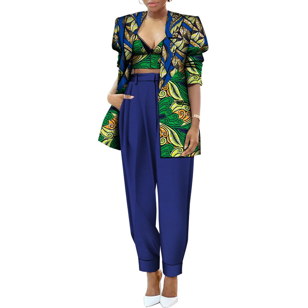 

3 Pieces Women Set African Wax Print Crop Tops and Pants Suit 2025 New African Clothes Casual Outfits Africaine Femme WY641