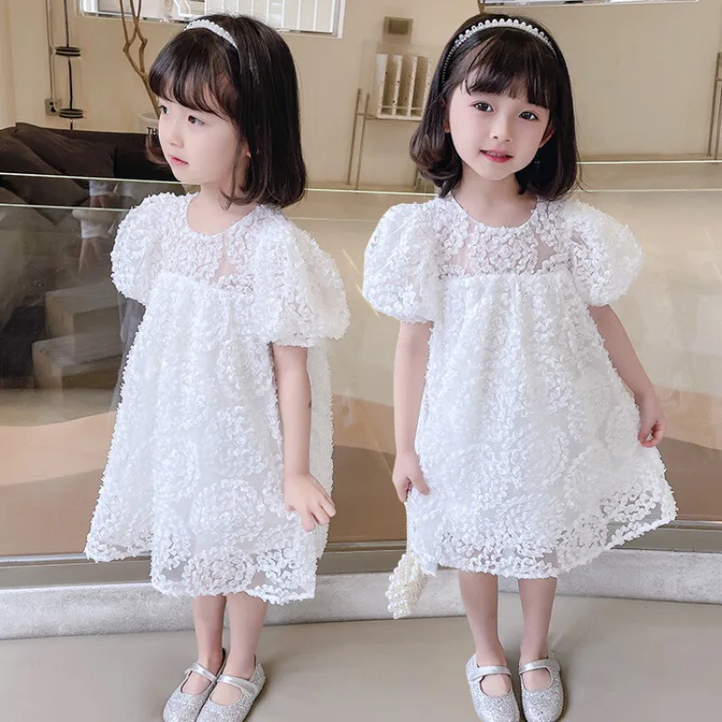 2024 Baby Girl Fashion Dresses Children\'s Puff Short Sleeve Clothing  Summer Solid Hollow Out Feather Lace Princess DressKorean