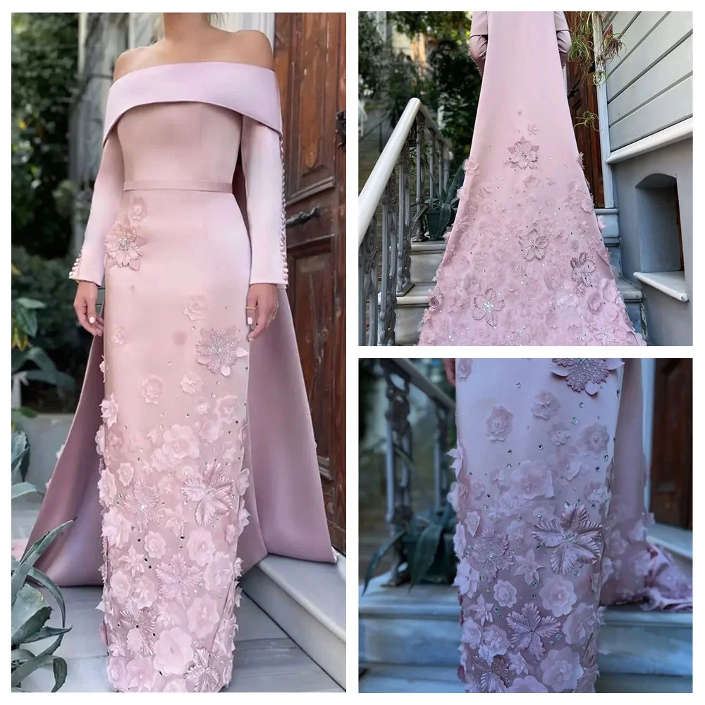 

Customized Elegant Pink Satin Evening Dress Modern Boat Neck Off the Shoulder Long Sleeves Party Dress Fashion Celebrity Gowns