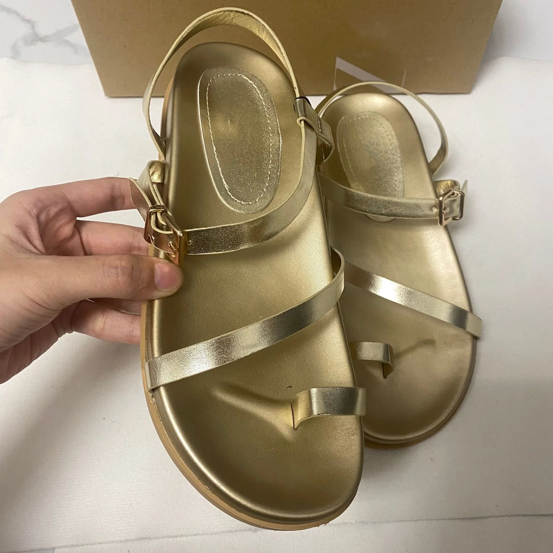 TRAF Ladies Gold Thin Strap Flatform Sandal Woman Leisure Round Head Open Toe Thick Sole Shoes Women Ankle Buckle Roman Sandals