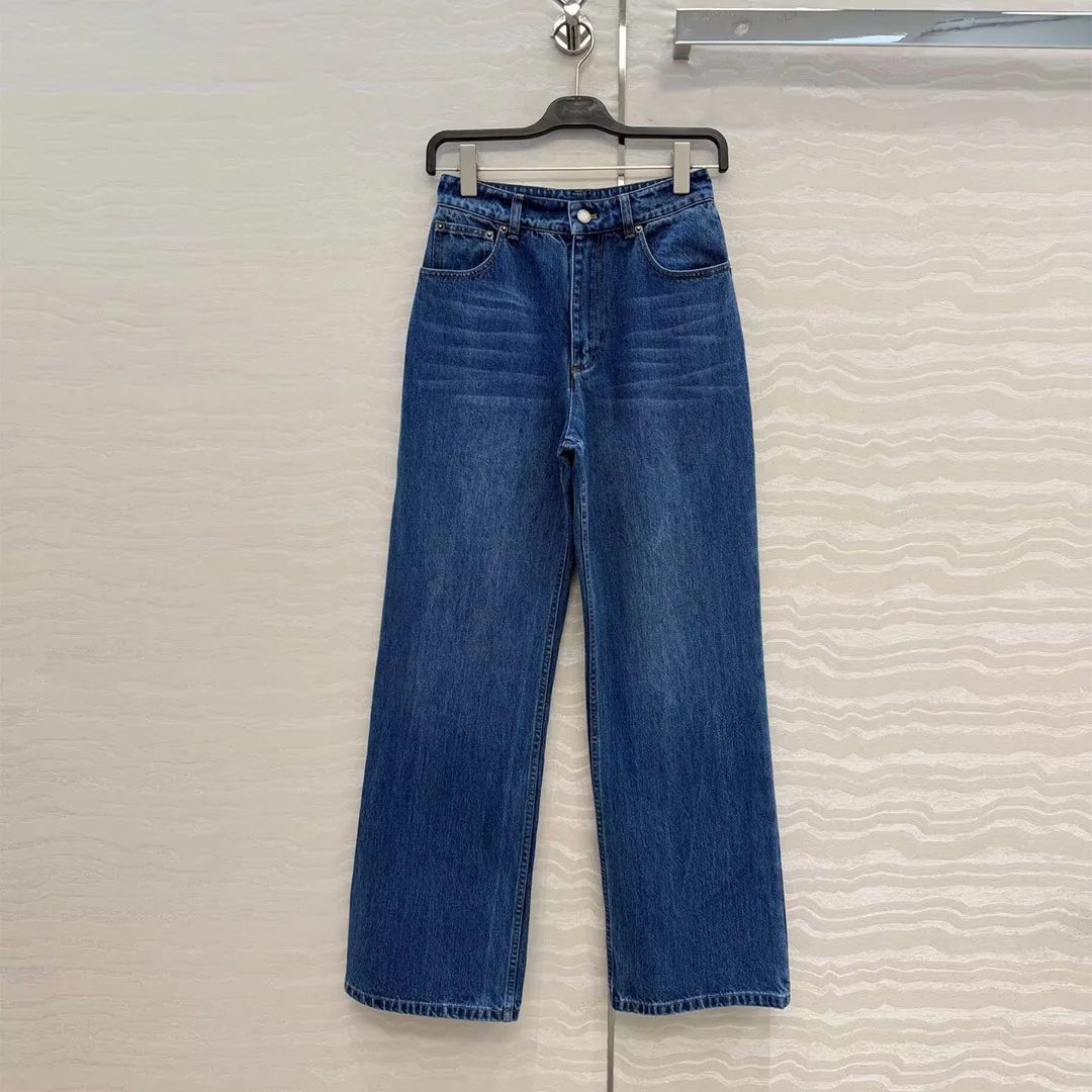 

Classic Chic Scratch Washed Blue Floor Length Straight Jeans Women High Waist Cotton Casual Denim Pants 2026 New Fashion Design